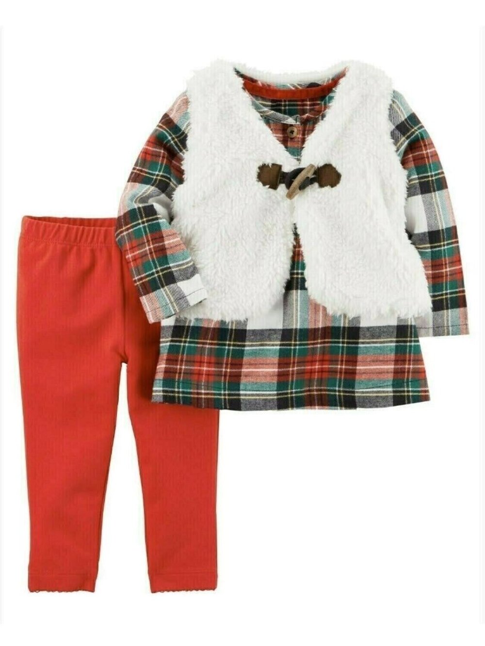 Baby Toddler Girl 3pc Outfit Red Paid Sherpa Leggings Fall Christmas 12 Month